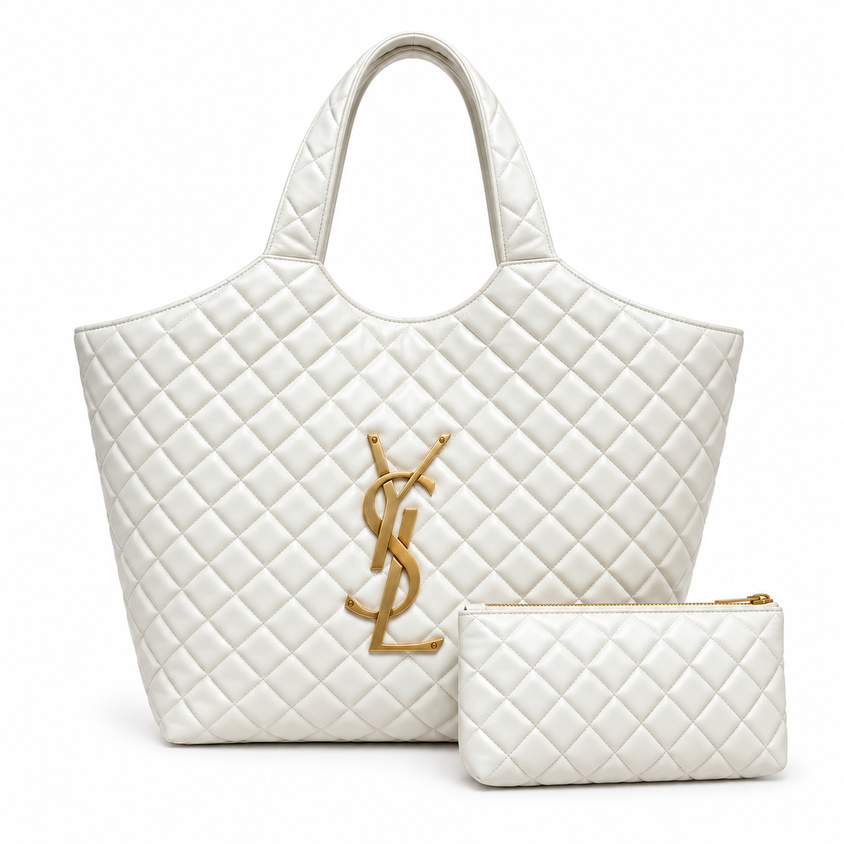 YSL Icare Maxi Shopping Bag in white diamond-quilted leather with oversized gold YSL monogram and matching quilted zip pouch, front view