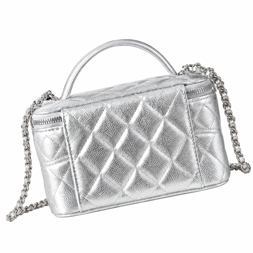 Chanel CC Embossed Metallic Caviar Vanity Case Silver 17cm