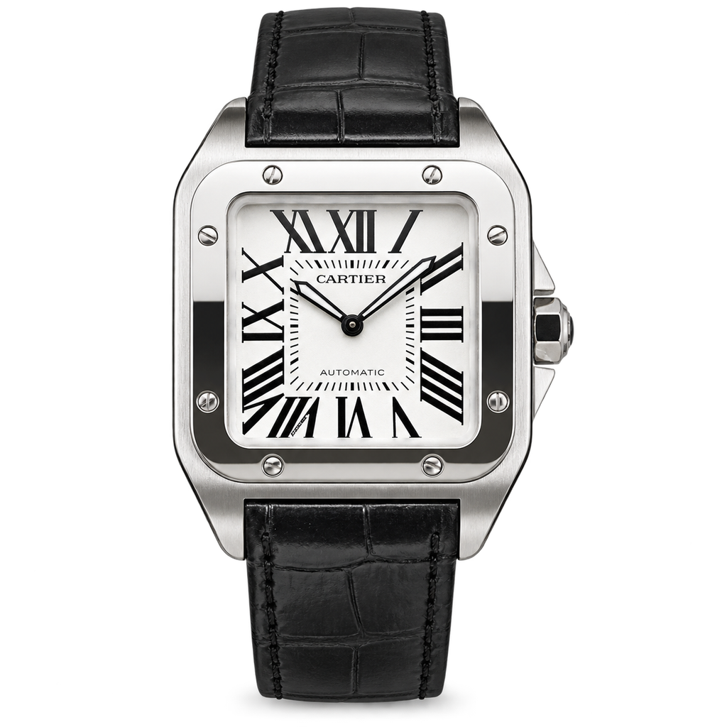 Cartier Santos 100 Large Automatic White Dial Black Alligator Leather Men's Luxury Watch Swiss Made