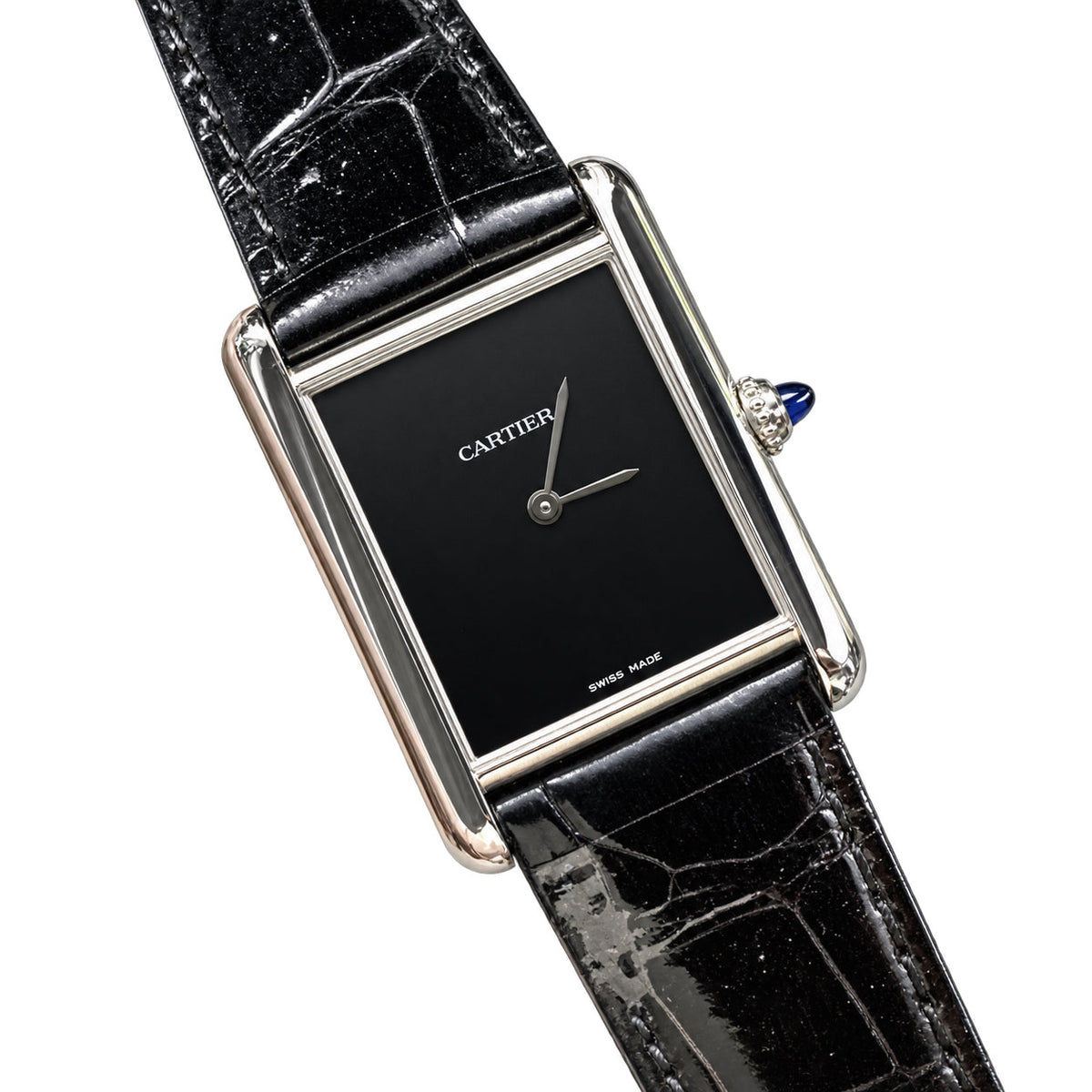 Cartier Tank Must Large — Steel, Black Lacquer Dial, No Numerals & Black Alligator Strap, Quartz