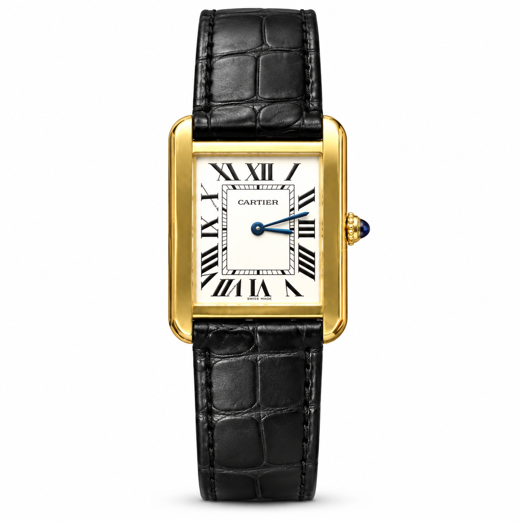 Cartier Tank Must Small Yellow Gold PVD White Dial Black Alligator Strap Watch