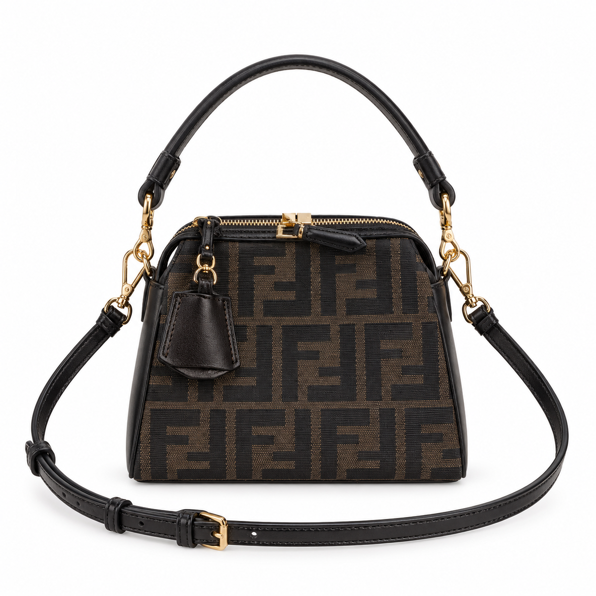 Fendi FF Mini Shoulder Bag – Jacquard Canvas & Leather Trim, Flap Closure, 15cm