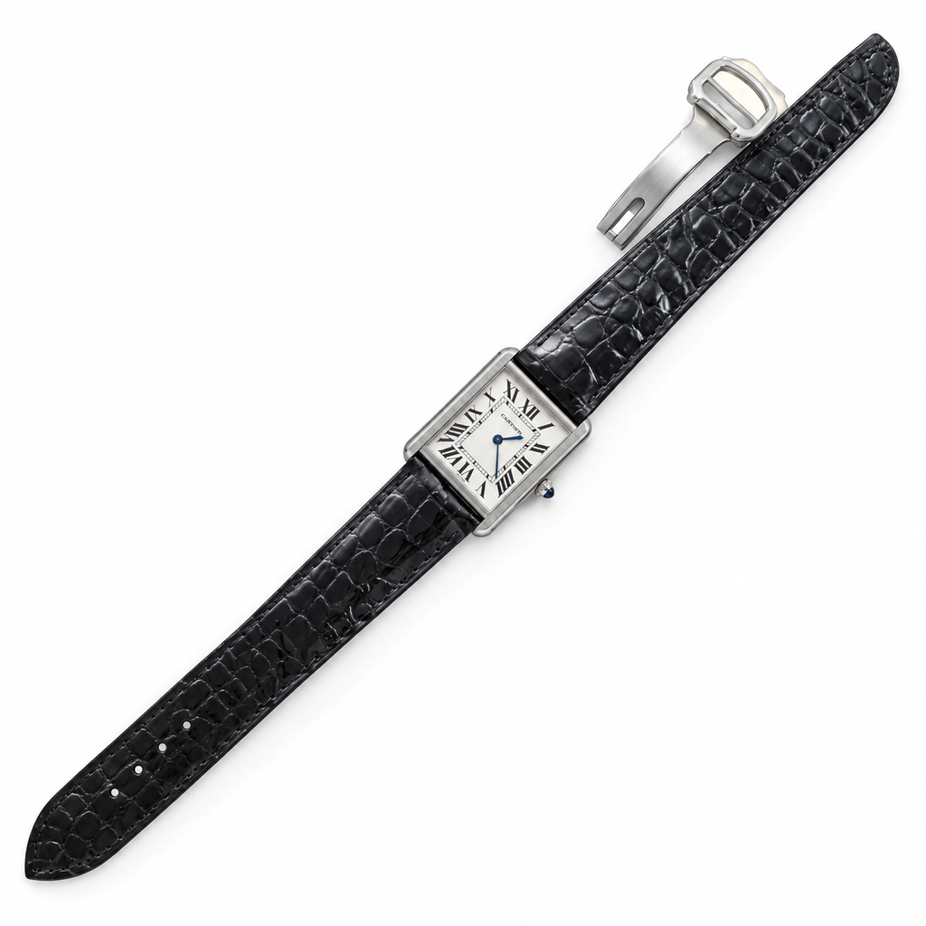 Cartier Tank Solo Small Stainless Steel Diamond Bezel White Dial Grey Alligator Strap Watch