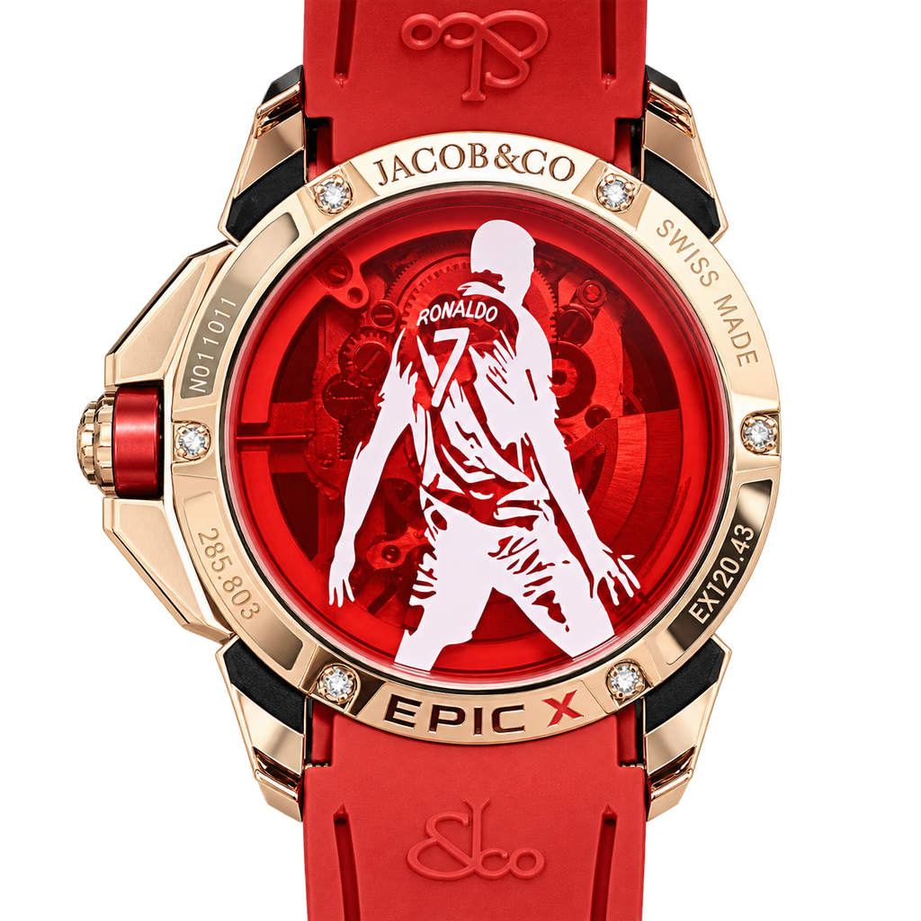 Jacob & Co. Epic X CR7 18K Rose Gold Red Sapphire Crystal Skeleton Ronaldo No.7 Jersey Silhouette Numbered Red Honeycomb Rubber Watch