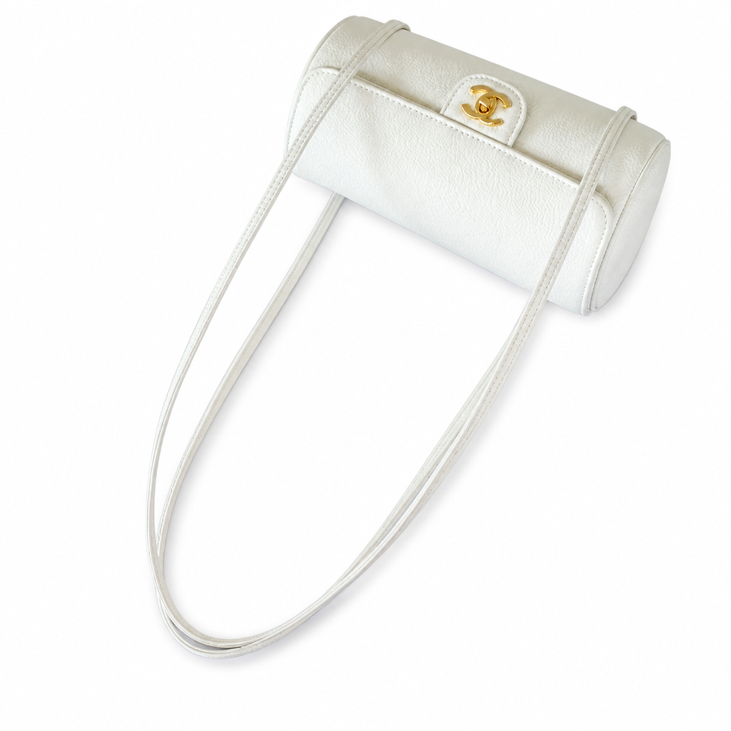 Chanel White Caviar Cylindrical Shoulder Bag | Flat Leather Strap — 20cm