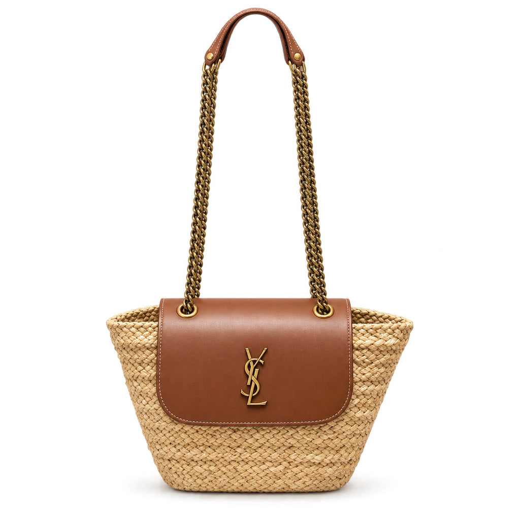 Saint Laurent Nino Raffia Basket Bag in Natural Tan Leather