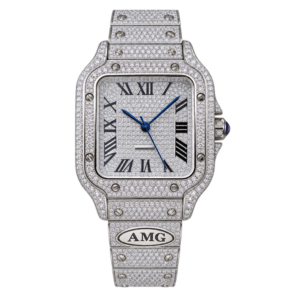 Cartier Santos de Cartier — Full Diamond Pavé & AMG Custom Steel Bracelet Watch