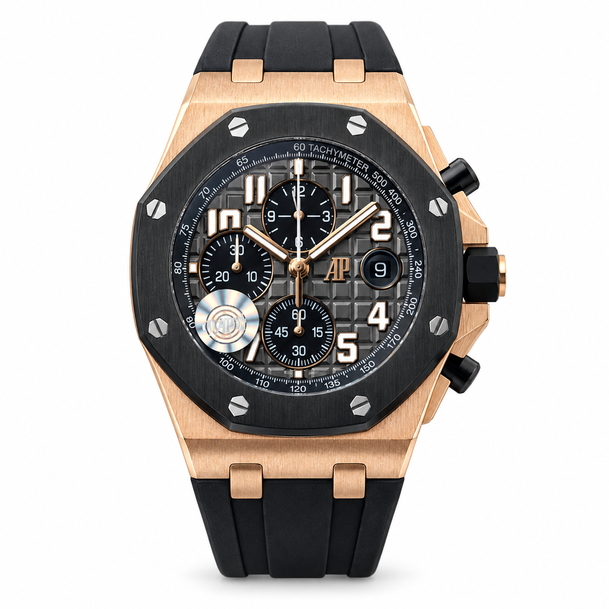 Audemars Piguet Royal Oak Offshore Chronograph 18k Rose Gold Black Ceramic Tachymeter Bezel Grey Mega Tapisserie Dial 44mm Black Rubber Strap