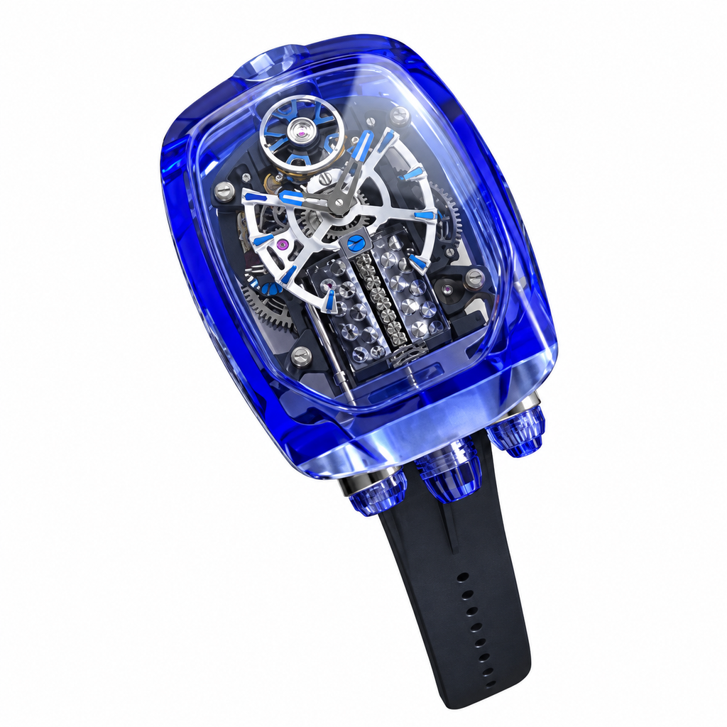 Jacob & Co. x Bugatti Chiron Full Blue Sapphire Crystal 16-Cylinder Engine Tourbillon Blue Accents Black Rubber Watch