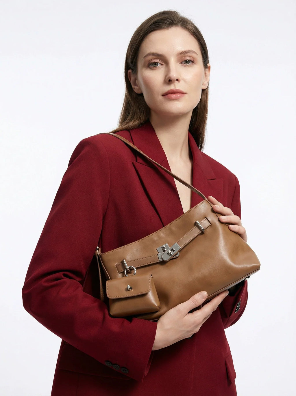 Tan Antiqued Leather Shoulder Bag with Pivot Lock and Mini Coin Pouch