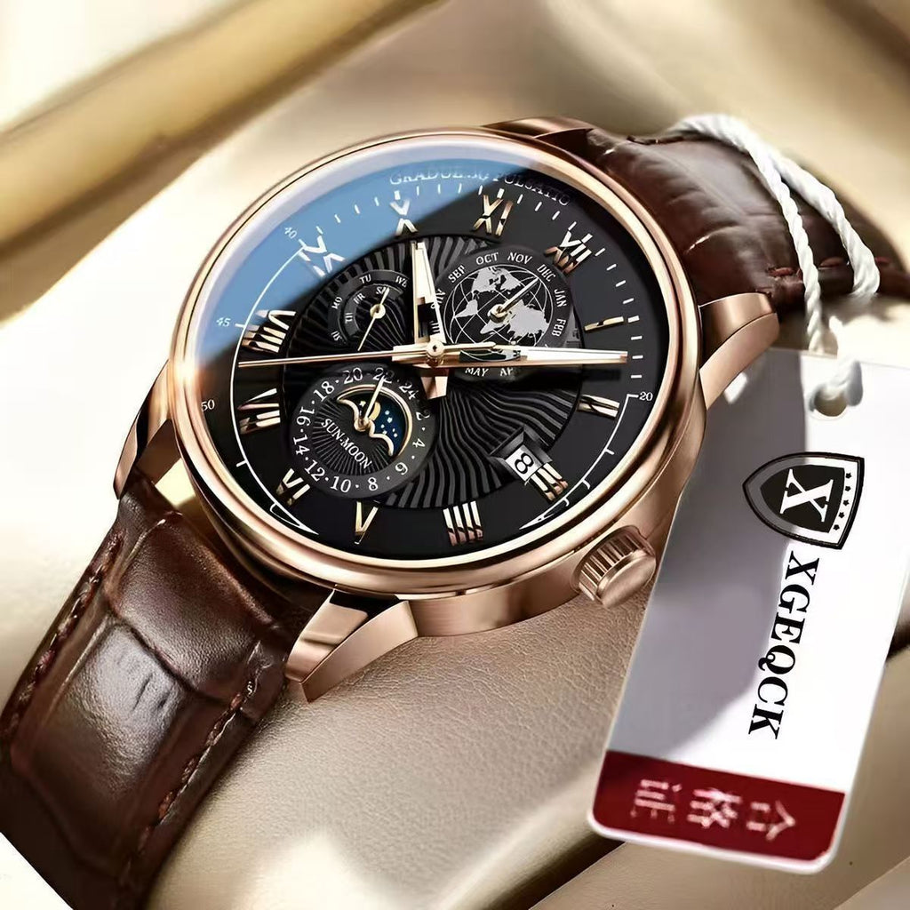 XGEQCK Men's Moon Phase Calendar – Rose Gold Black Dial