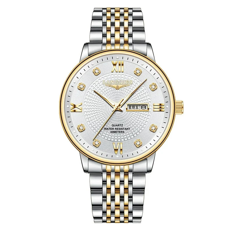 Langqies — Two-Tone Steel & Gold, White Guilloché Dial, Crystal Markers & Two-Tone Bracelet, Men