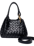 Black Woven Leather Mini Tote with Braided Rope Handles and Gold Hook
