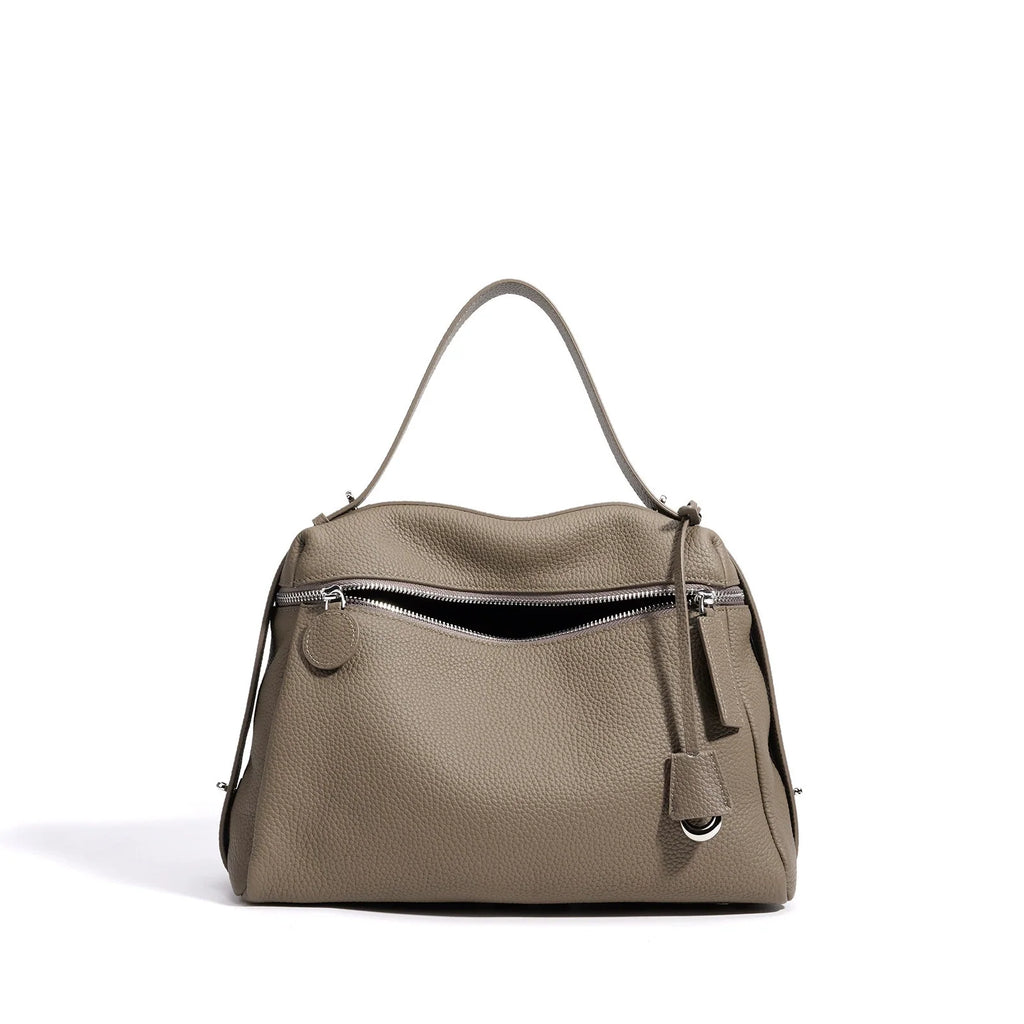 Etoupe Pebbled Leather Demi-Lune Shoulder Bag with Front Zip Pocket